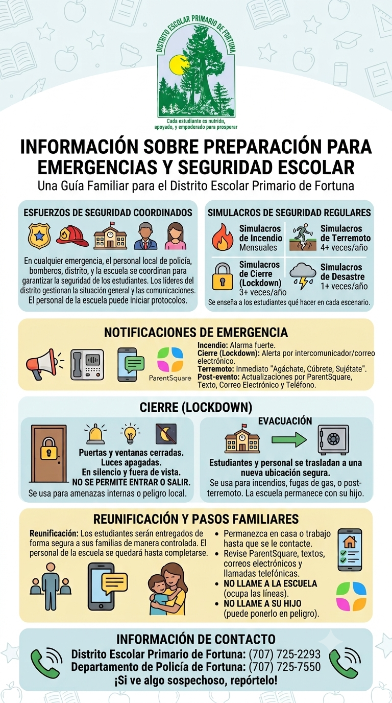 An informational flyer in Spanish titled 'Informacion Sobre Preparacion Para Emergencias Y Seguridad Escolar' with icons and text.